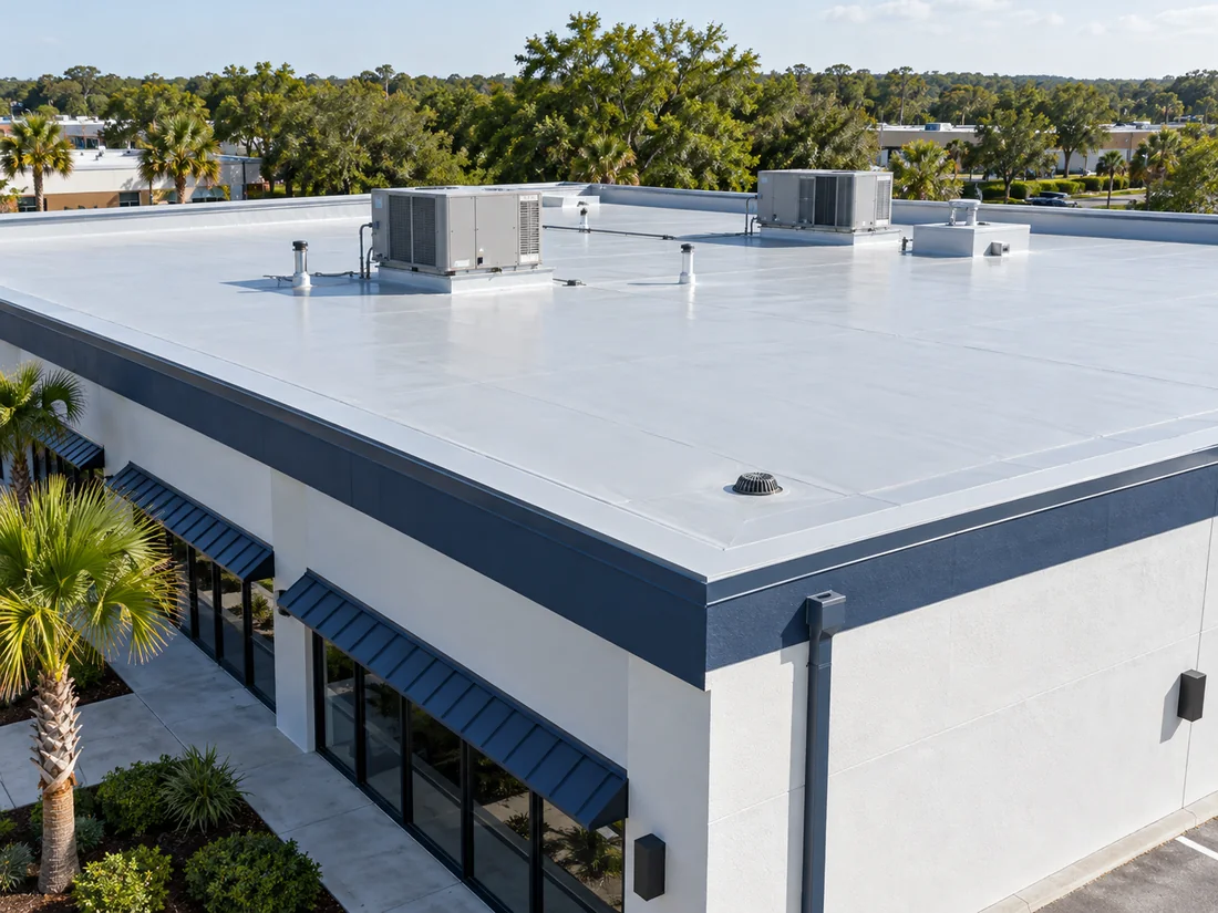 Completed low-slope commercial roofing system